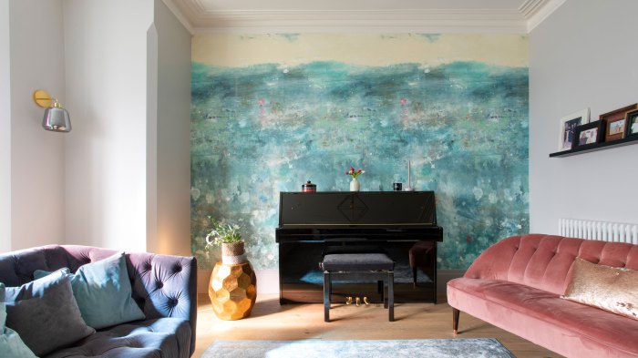 Living wallpaper room ideas grey blue space grunwald katya credit